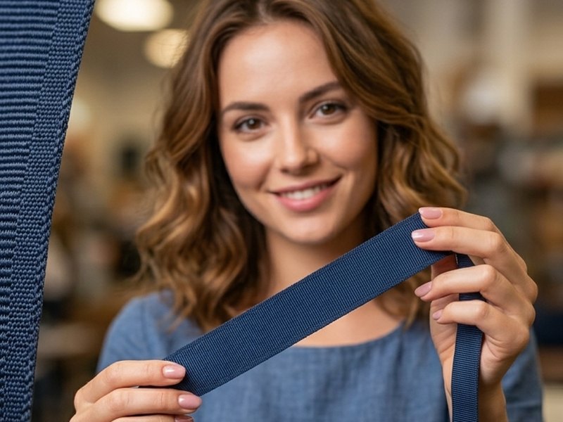 A woman checking a length of navy grosgrain ribbon by hand